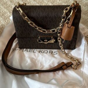Michael Kors Brown and Tan Logo Chain Shoulder Bag